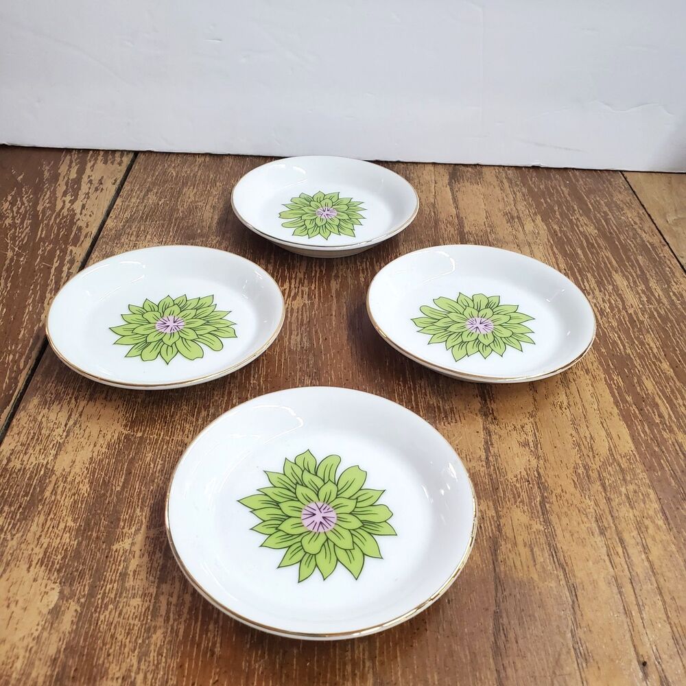 Vtg Creative Japan MCM Green Flower Porcelain Butter Trinket Dish Coaster Set 4